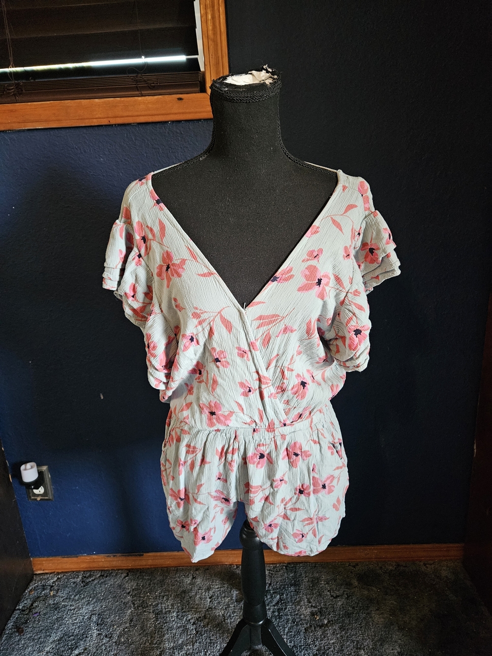 Billabong Light Blue Floral V-Neck Romper with Pink Print